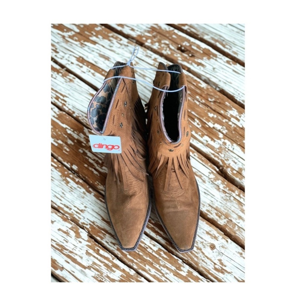 Dingo Womens Western Fringe Ankle Boots Tan Faux Suede Star Studs Boho Vintage - Picture 2 of 4